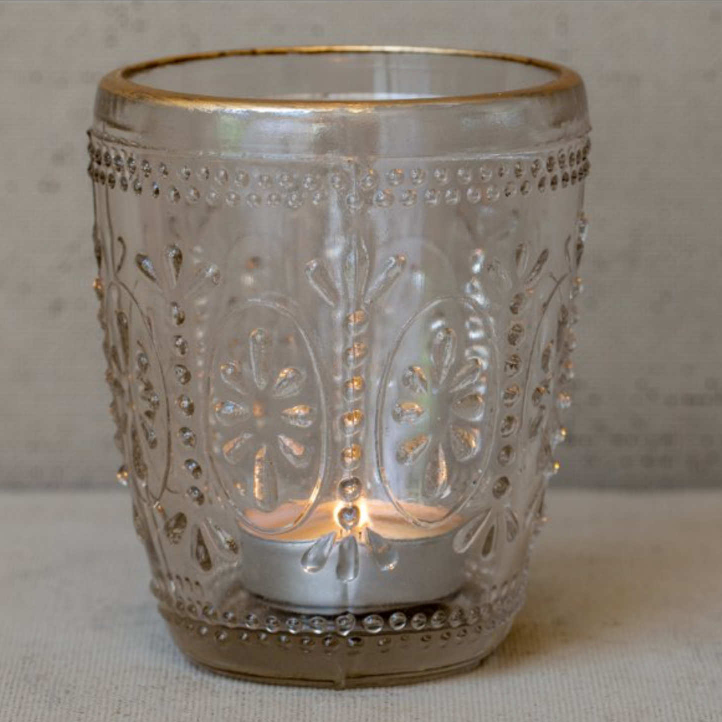 Grand Illusions Tea Light Holder Pressed Flower with Gold Rim