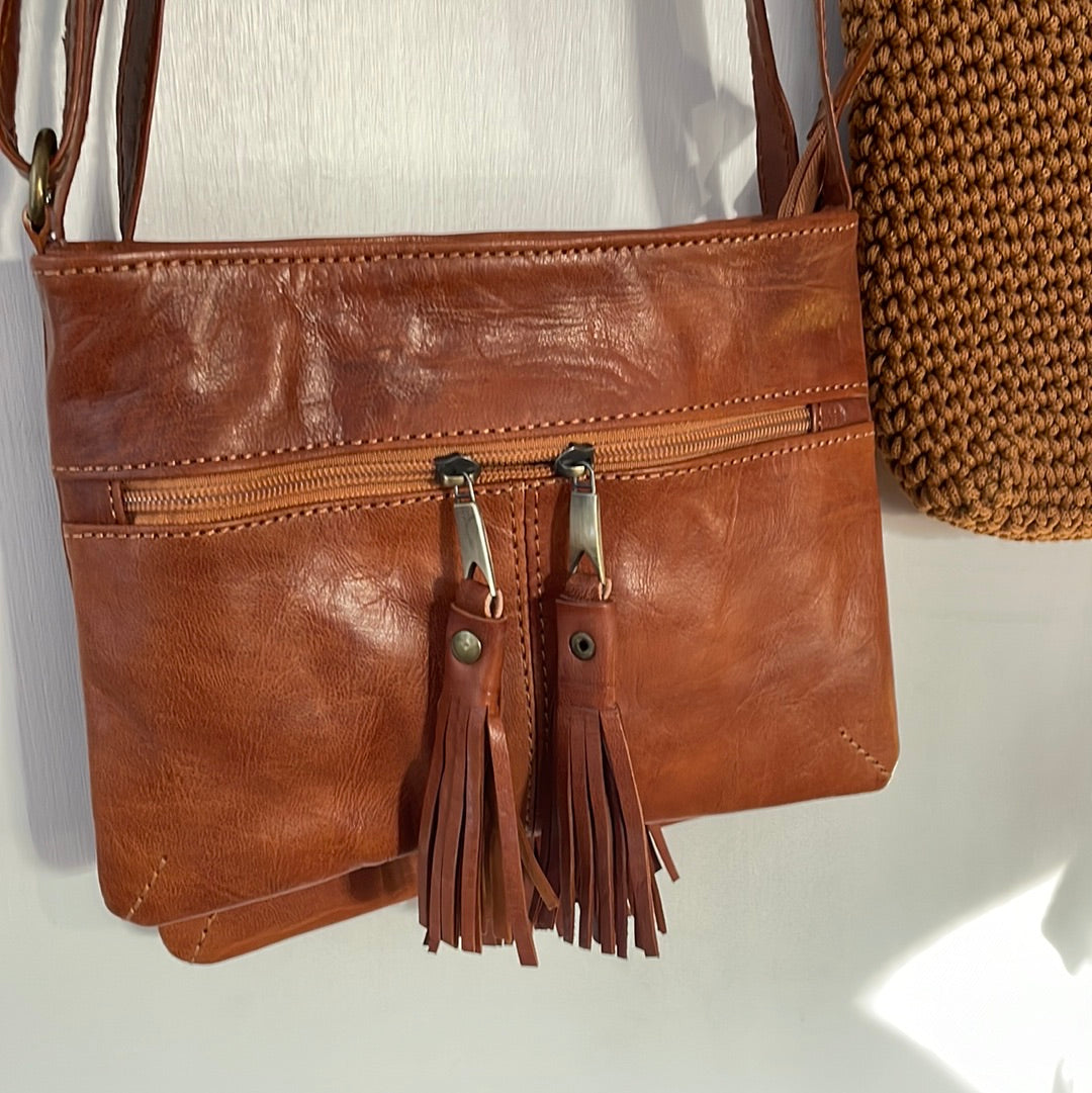 MAROC LEATHER Tassel Cross body bag double zip pocket