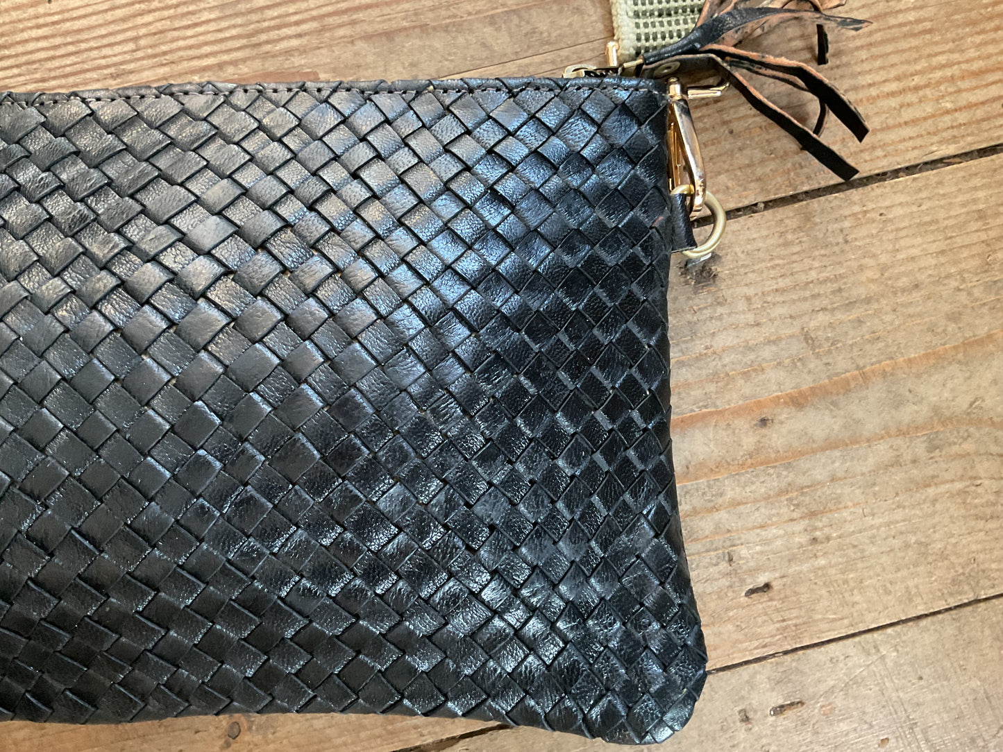 MAROC LEATHER Woven Crossbody Bag - Black