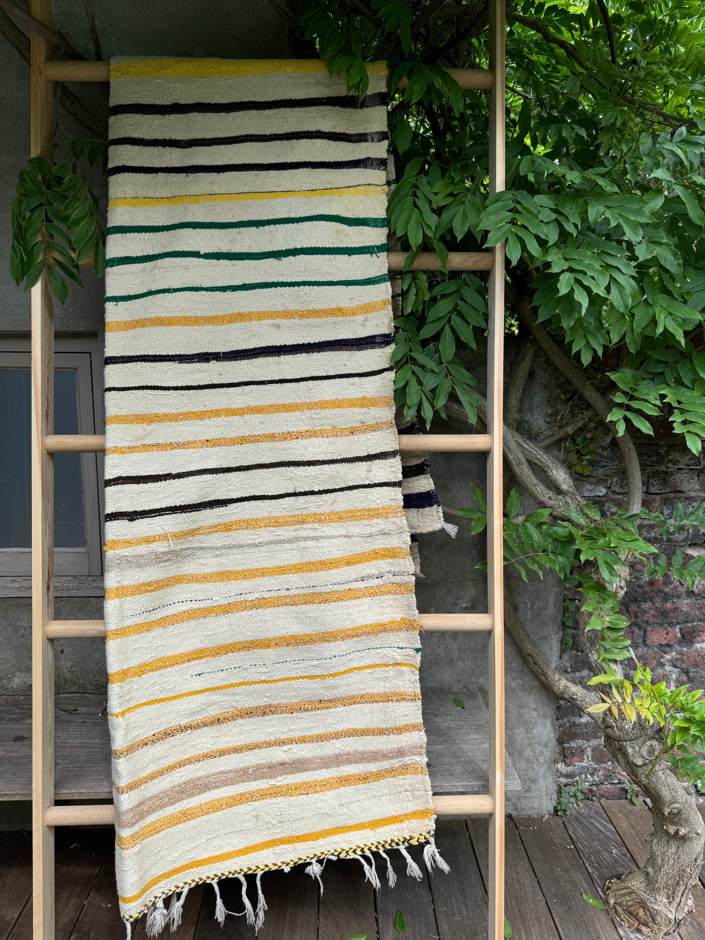 MAROC Vintage Berber Textile CREAM GREEN YELLOW STRIPE RUG