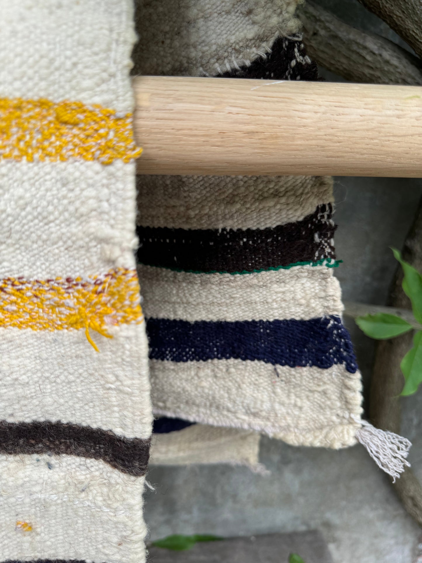 MAROC Vintage Berber Textile CREAM GREEN YELLOW STRIPE RUG