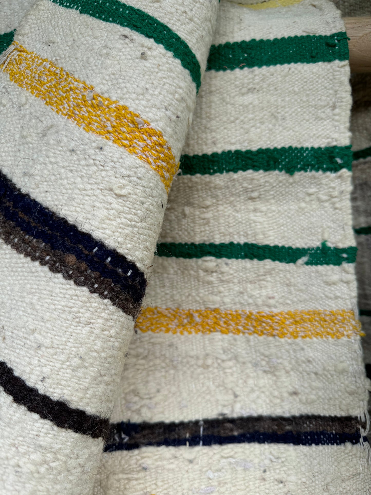 MAROC Vintage Berber Textile CREAM GREEN YELLOW STRIPE RUG