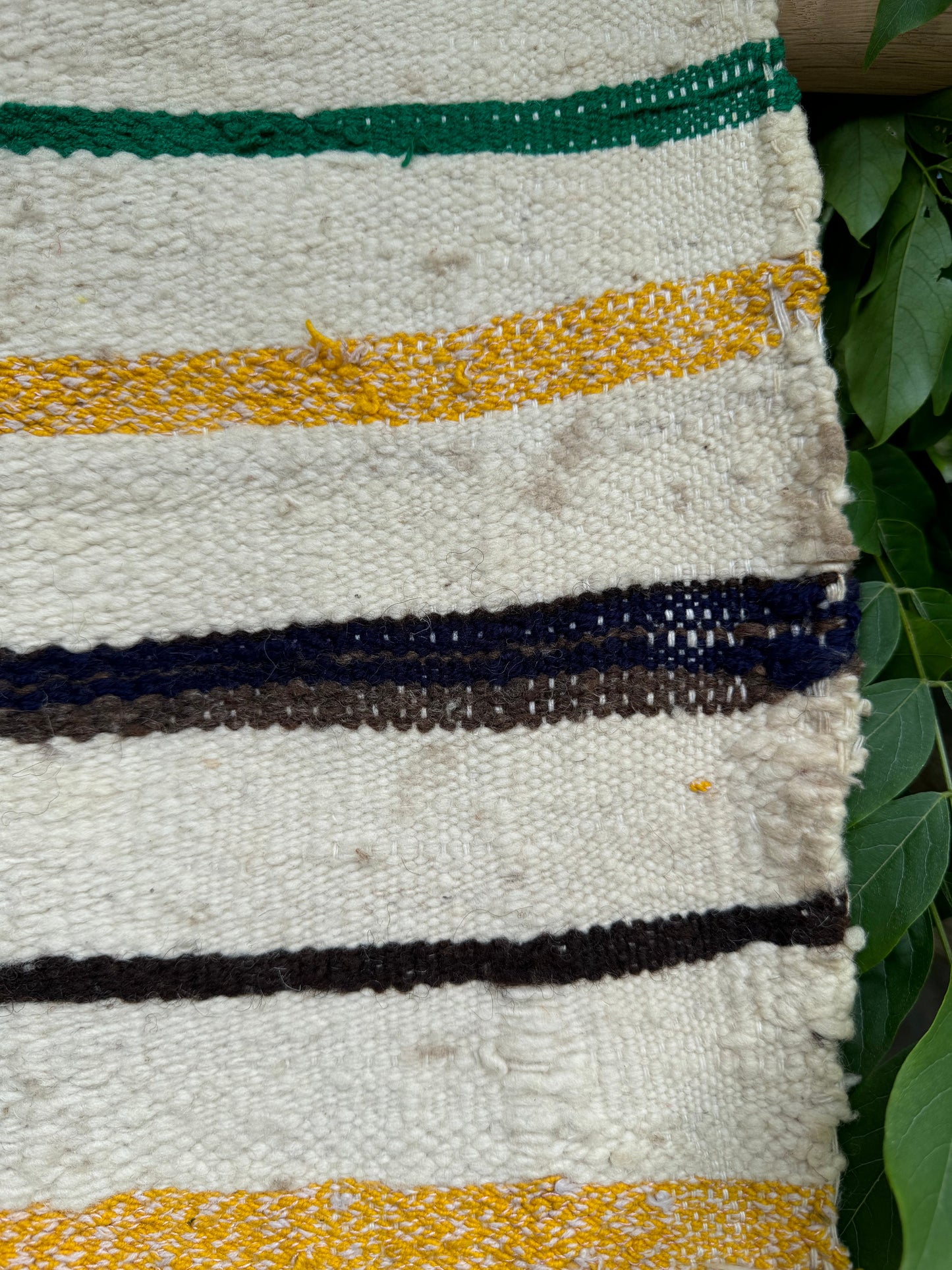 MAROC Vintage Berber Textile CREAM GREEN YELLOW STRIPE RUG