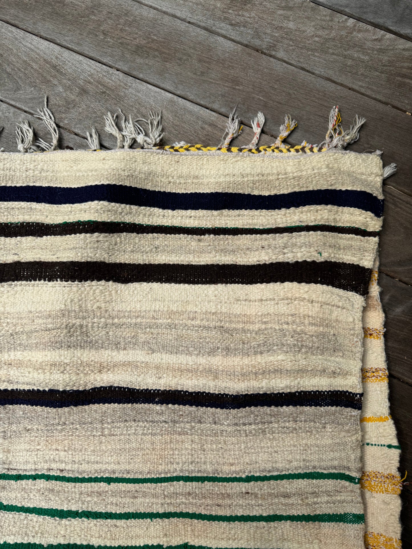 MAROC Vintage Berber Textile CREAM GREEN YELLOW STRIPE RUG