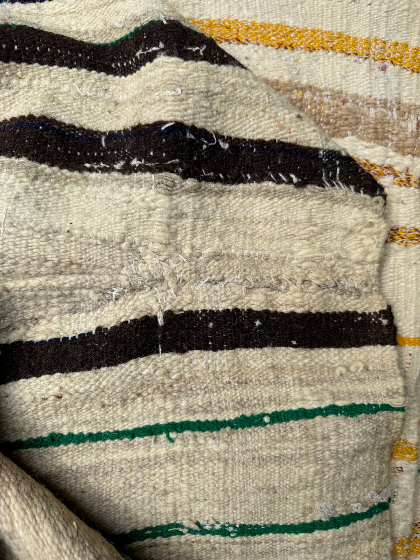 MAROC Vintage Berber Textile CREAM GREEN YELLOW STRIPE RUG