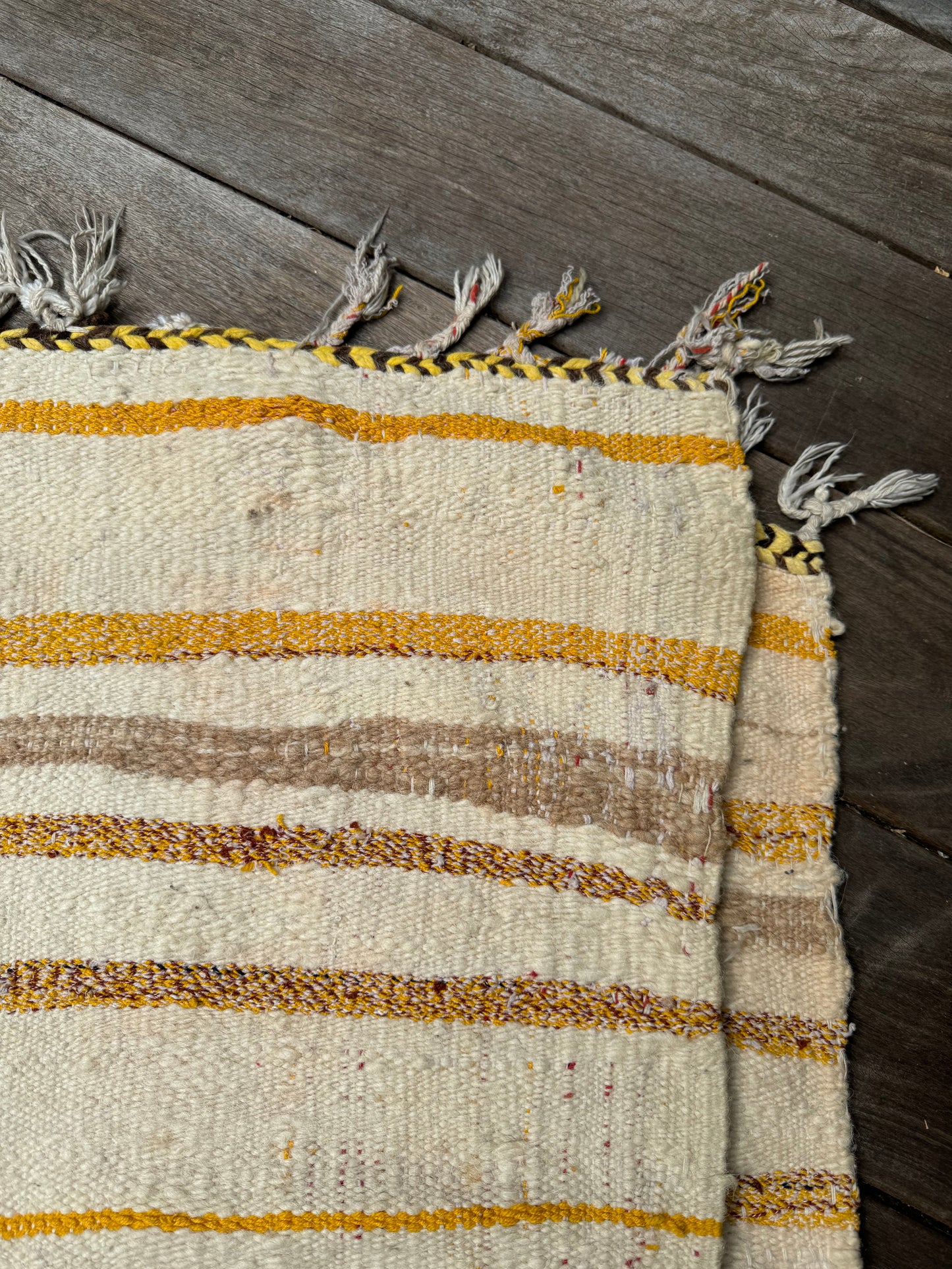 MAROC Vintage Berber Textile CREAM GREEN YELLOW STRIPE RUG