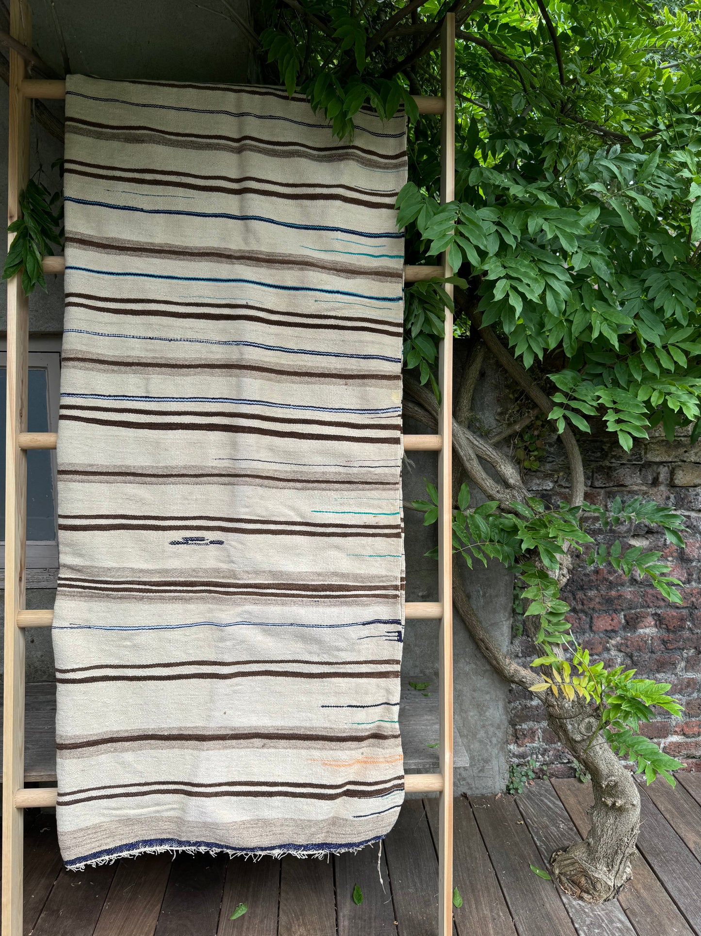 MAROC Vintage Hanbal Rug CREAM BROWN BLUE STRIPE