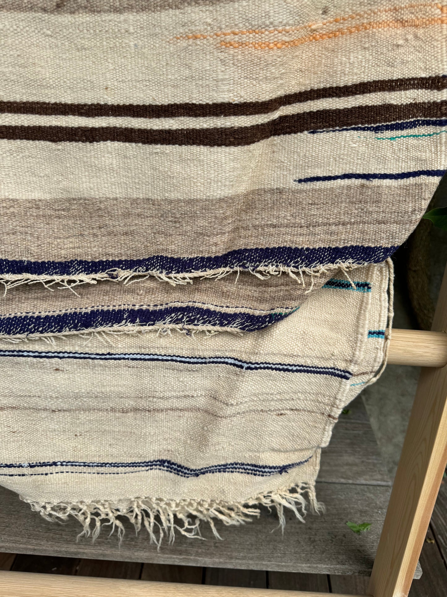 MAROC Vintage Hanbal Rug CREAM BROWN BLUE STRIPE