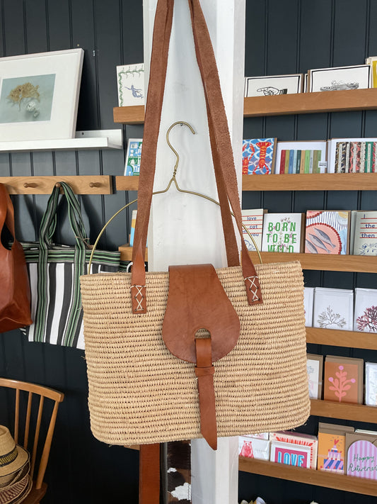 Raffia Leather Long Strap Basket