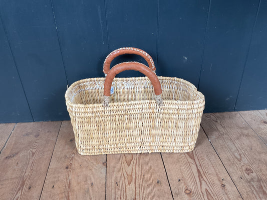 Maroc Short Leather Handle Woven Reed Basket