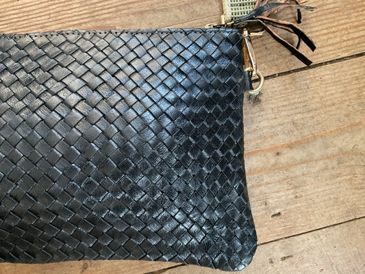 MAROC LEATHER Woven Crossbody Bag - Black