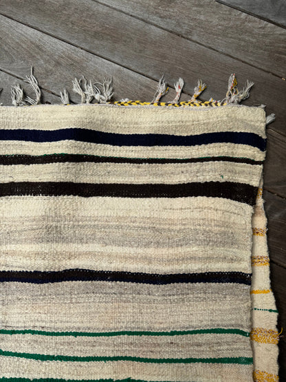 MAROC Vintage Berber Textile CREAM GREEN YELLOW STRIPE RUG