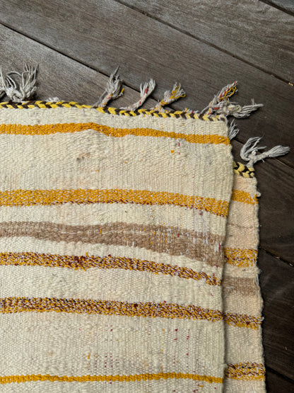 MAROC Vintage Berber Textile CREAM GREEN YELLOW STRIPE RUG