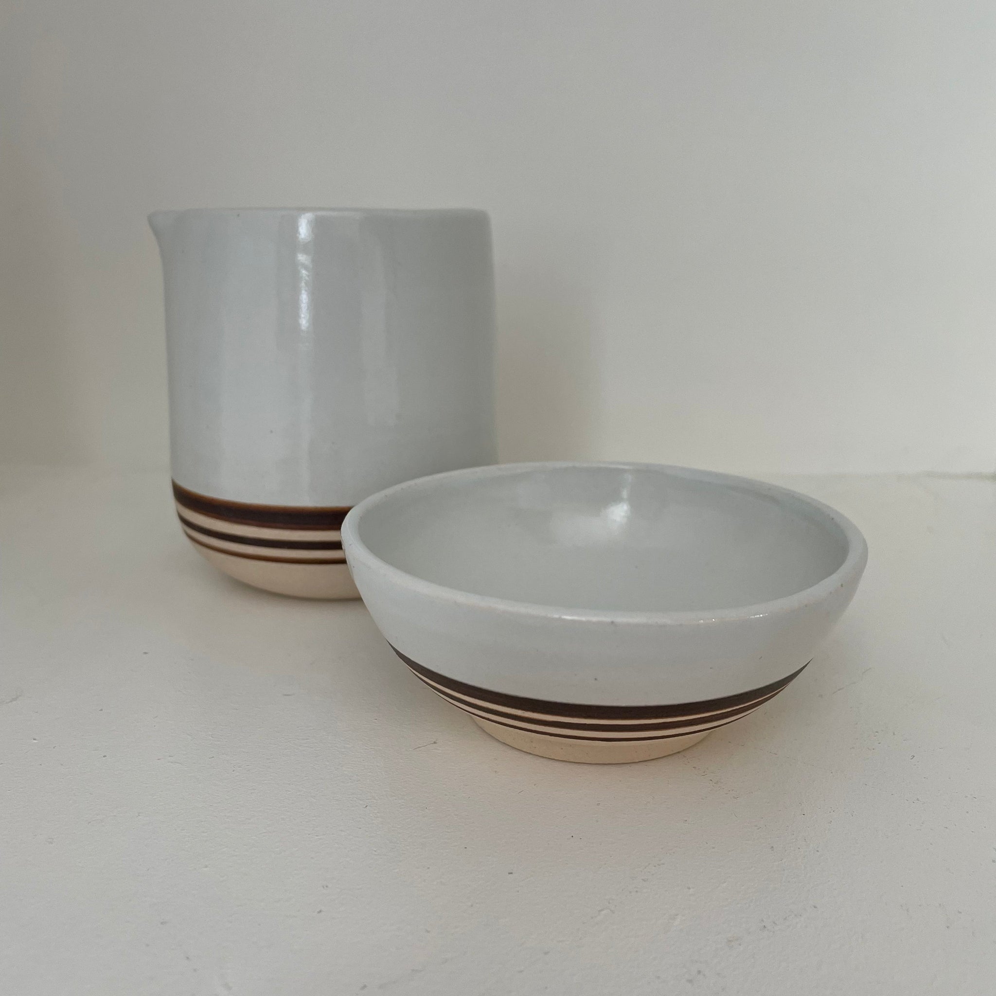Charlotte Grinling Ceramics pale Blue with Chocolate Stripe collection